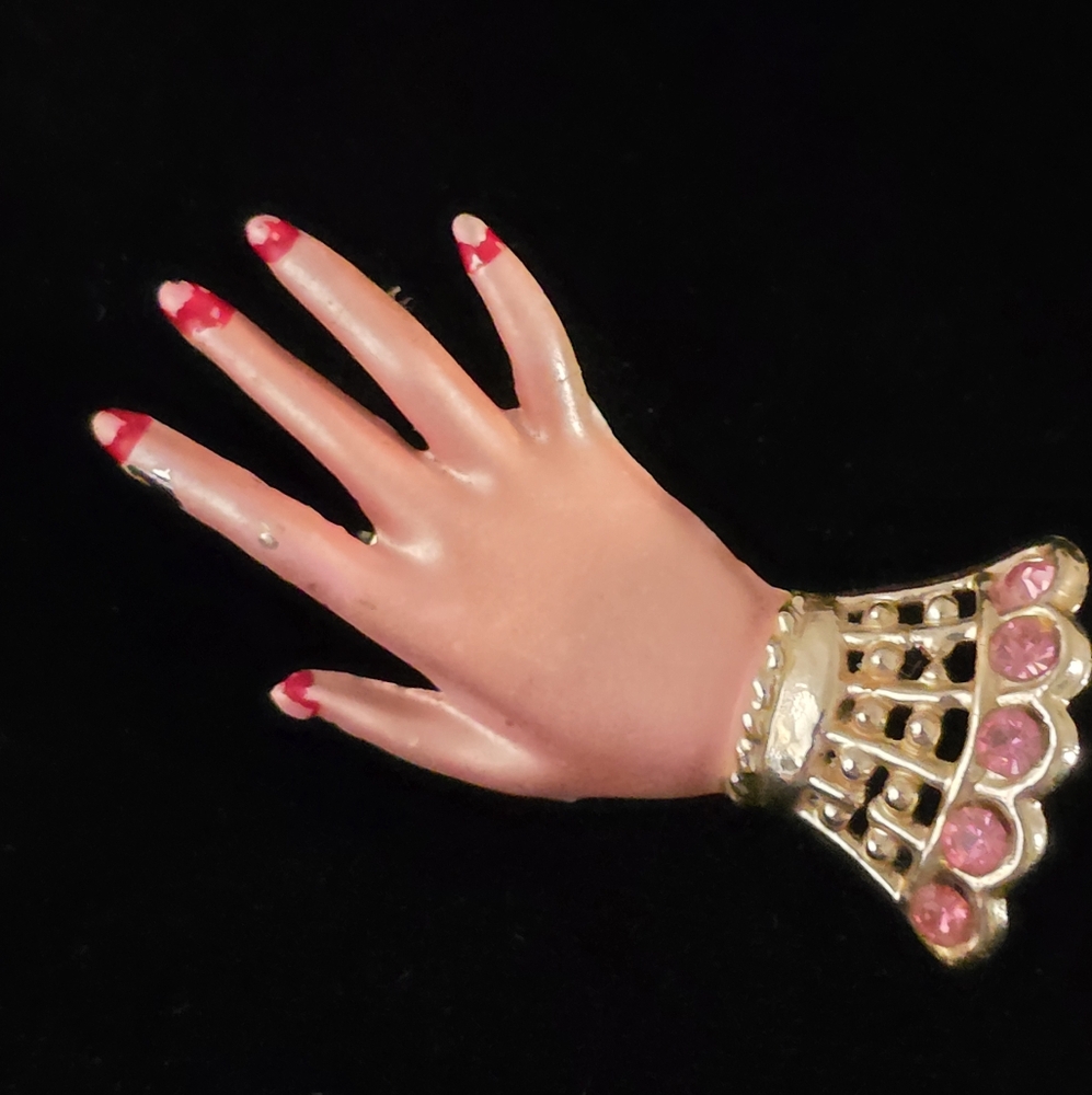 Vintage Small Painted Victorian Cuffed Hand Brooch 1960s